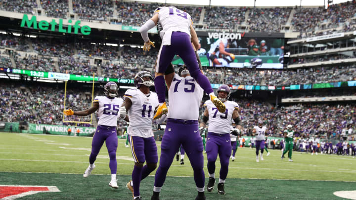 EAST RUTHERFORD, NJ - OCTOBER 21: Adam Thielen #19 of the Minnesota Vikings celebrates his first quarter touchdown with Brian O'Neill #75 against the New York Jets during their game at MetLife Stadium on October 21, 2018 in East Rutherford, New Jersey. (Photo by Al Bello/Getty Images)