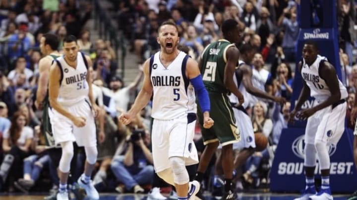 Nov 6, 2016; Dallas, TX, USA; Dallas Mavericks guard J.J. Barea (5) reacts after scoring in overtime against the Milwaukee Bucks at American Airlines Center. Mandatory Credit: Kevin Jairaj-USA TODAY Sports