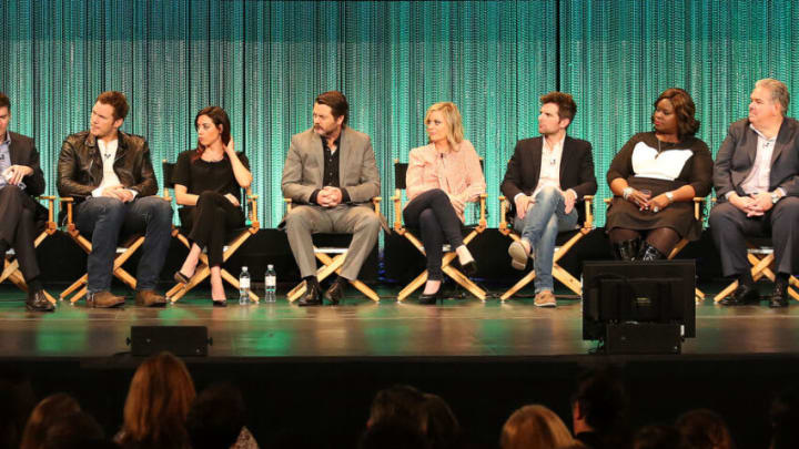 HOLLYWOOD, CA - MARCH 18: (L-R) Moderator Patton Oswalt, creator/executive producer Michael Schur, actor Chris Pratt, actress Aubrey Plaza, actor Nick Offerman, actress Amy Poehler, actor Adam Scott, actress Retta, actor Jim O'Heir, actor Ben Schwartz, and actor Billy Eichner speak during The Paley Center for Media's PaleyFest 2014 Honoring "Parks and Recreation" at the Dolby Theatre on March 18, 2014 in Hollywood, California. (Photo by Frederick M. Brown/Getty Images)