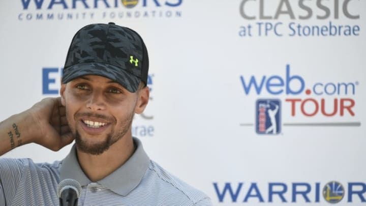 HAYWARD, CA - AUGUST 01: Stephen Curry speaks to the press during practice for the Web.com Tour Ellie Mae Classic at TPC Stonebrae on August 1, 2017 in Hayward, California. (Photo by Ryan Young/PGA TOUR)