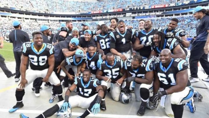 Dec 13, 2015; Charlotte, NC, USA; Carolina Panthers celebrate toward the end of the game. The Panthers defeated the Falcons 38-0 at Bank of America Stadium. Mandatory Credit: Bob Donnan-USA TODAY Sports