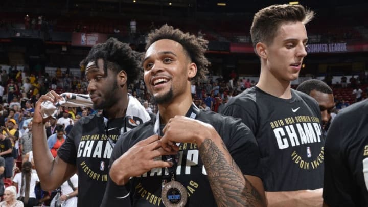 LAS VEGAS, NV - JULY 17: Gary Trent Jr. #9 of the Portland Trail Blazers celebrates on court with his teammates after winning the 2018 Las Vegas Summer League against the Los Angeles Lakers on July 17, 2018 at the Thomas & Mack Center in Las Vegas, Nevada. NOTE TO USER: User expressly acknowledges and agrees that, by downloading and/or using this photograph, user is consenting to the terms and conditions of the Getty Images License Agreement. Mandatory Copyright Notice: Copyright 2018 NBAE (Photo by David Dow/NBAE via Getty Images)
