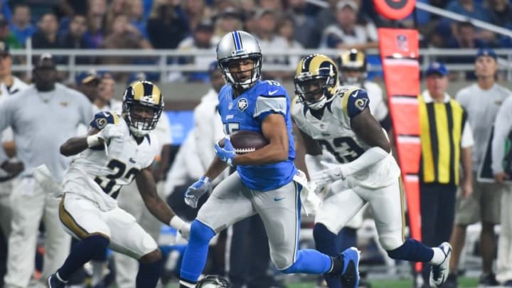 Oct 16, 2016; Detroit, MI, USA; Detroit Lions wide receiver Golden Tate (15) runs the ball during the first quarter against the Los Angeles Rams at Ford Field. Mandatory Credit: Tim Fuller-USA TODAY Sports