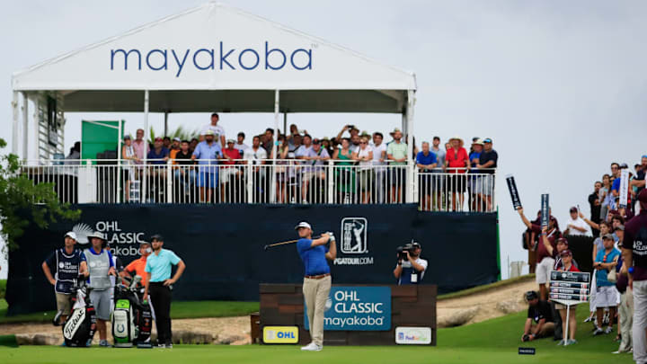 PLAYA DEL CARMEN, MEXICO - NOVEMBER 12: Patton Kizzire of the United States plays his shot from the 16th tee during the final round of the OHL Classic at Mayakoba on November 12, 2017 in Playa del Carmen, Mexico. (Photo by Cliff Hawkins/Getty Images)