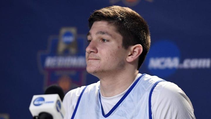 March 23, 2016; Anaheim, CA, USA; Duke Blue Devils guard Grayson Allen (3) speaks to media during practice the day before the semifinals of the West regional of the NCAA Tournament at Honda Center. Mandatory Credit: Richard Mackson-USA TODAY Sports