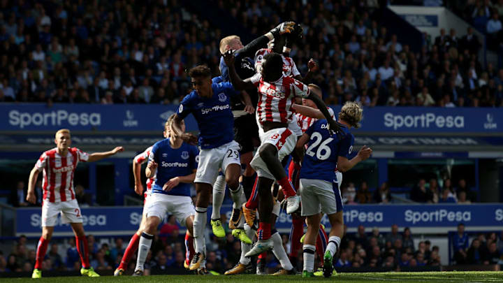 LIVERPOOL, ENGLAND - AUGUST 12: Jordan Pickford of Everton clears the ball during the Premier League match between Everton and Stoke City at Goodison Park on August 12, 2017 in Liverpool, England. (Photo by Jan Kruger/Getty Images)