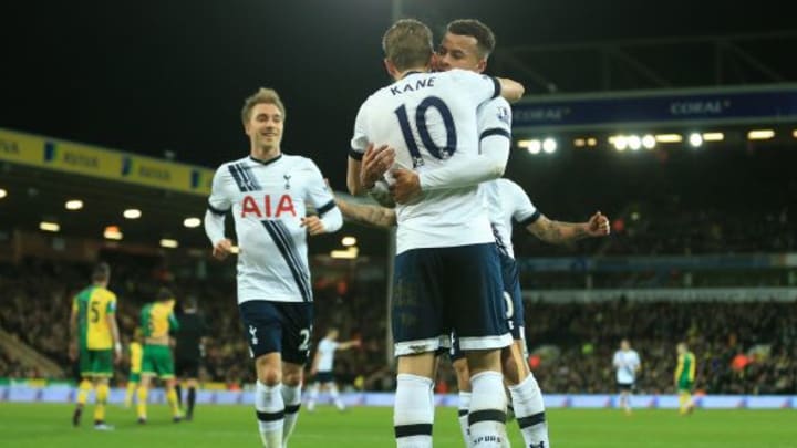 NORWICH, ENGLAND - FEBRUARY 02: Harry Kane (C) of Tottenham Hotspur celebrates scoring his team's second goal with his team mate Dele Alli (R) and Christian Eriksen (L) during the Barclays Premier League match between Norwich City and Tottenham Hotspur at Carrow Road on February 2, 2016 in Norwich, England. (Photo by Stephen Pond/Getty Images)