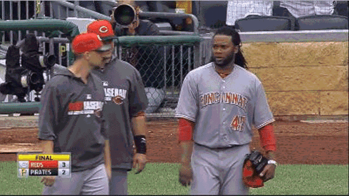 Johnny Cueto celebrates Reds win with teammate groin smack