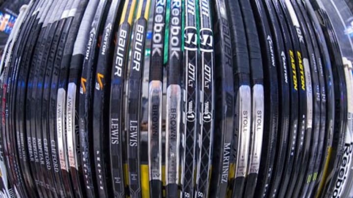Dec 31, 2013; Dallas, TX, USA; A view of the Los Angeles Kings hockey sticks before the game between the Dallas Stars and the Kings at the American Airlines Center. The Stars defeated the Kings 3-2. Mandatory Credit: Jerome Miron-USA TODAY Sports