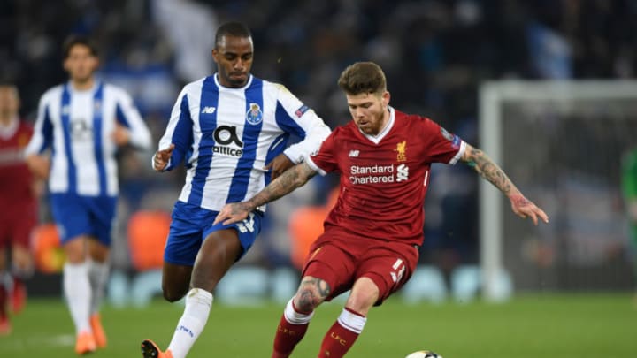 LIVERPOOL, ENGLAND - MARCH 06: Alberto Moreno of Liverpool is challenged by Ricardo Pereira of FC Porto during the UEFA Champions League Round of 16 Second Leg match between Liverpool and FC Porto at Anfield on March 6, 2018 in Liverpool, United Kingdom. (Photo by Shaun Botterill/Getty Images)