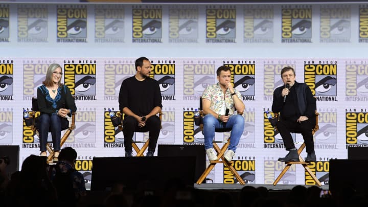 SAN DIEGO, CALIFORNIA – JULY 19: (L-R) Lisa Henson, Louis Leterrier, Taron Egerton and Mark Hamill speak at the Netflix’s “The Dark Crystal: Age Of Resistance” Panel during 2019 Comic-Con International at San Diego Convention Center on July 19, 2019 in San Diego, California. (Photo by Kevin Winter/Getty Images)