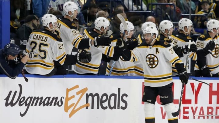 Dec 29, 2016; Buffalo, NY, USA; Boston Bruins center Patrice Bergeron (37) celebrates his goal during the second period against the Buffalo Sabres at KeyBank Center. Mandatory Credit: Timothy T. Ludwig-USA TODAY Sports