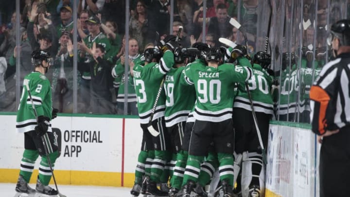 DALLAS, TX - MARCH 3: Jason Spezza #90, Ben Bishop #30, Dan Hamhuis #2 and the Dallas Stars celebrate a win against the St. Louis Blues at the American Airlines Center on March 3, 2018 in Dallas, Texas. (Photo by Glenn James/NHLI via Getty Images)