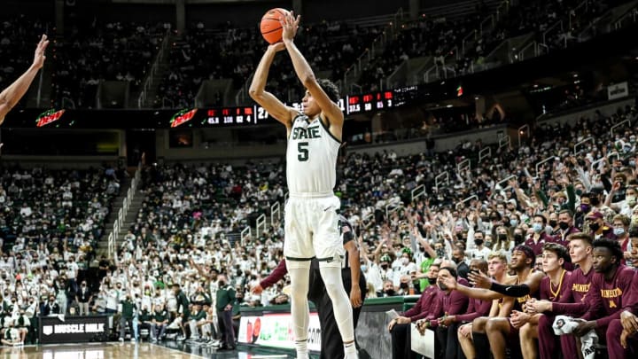 Michigan State’s Max Christie makes a 3-poitner against Minnesota during the first half on Wednesday, Jan. 12, 2022, at the Breslin Center in East Lansing.220112 Msu Minn 090a