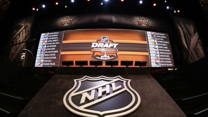 Jun 27, 2014; Philadelphia, PA, USA; A general view of the complete draft board after the completion of the first round of the 2014 NHL Draft at Wells Fargo Center. Washington Capitals