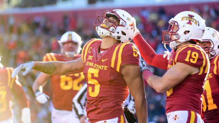 AMES, IA - NOVEMBER 19: Iowa State Cyclones wide receiver Allen Lazard (5) celebrates a touchdown with teammates during the first half of an NCAA football game between the Texas Tech Red Raiders and the Iowa State Cyclones on November 19, 2016, at Jack Trice Stadium, Ames, IA. (Photo by Merle Laswell/Icon Sportswire via Getty Images)