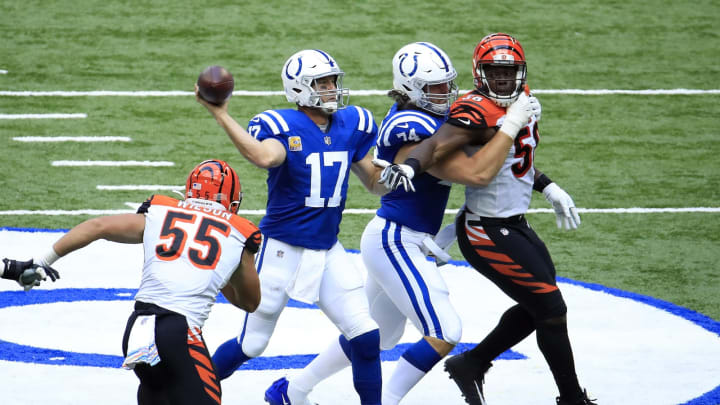INDIANAPOLIS, INDIANA – OCTOBER 18: Philip Rivers #17 of the Indianapolis Colts attempts a pass against the Cincinnati Bengals during the first half at Lucas Oil Stadium on October 18, 2020 in Indianapolis, Indiana. (Photo by Andy Lyons/Getty Images)