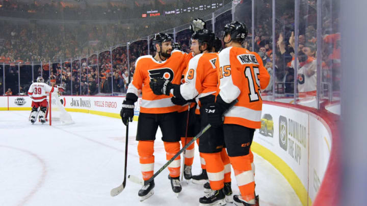 Chris Stewart, Matt Niskanen and Ivan Provorov, Philadelphia Flyers (Photo by Drew Hallowell/Getty Images)
