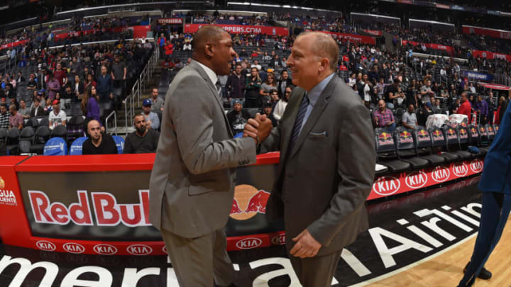 LOS ANGELES, CA - NOVEMBER 5: Head Coaches Doc Rivers of the LA Clippers and Tom Thibodeau of the Minnesota Timberwolves exchange handshakes after the game on November 5, 2018 at STAPLES Center in Los Angeles, California. NOTE TO USER: User expressly acknowledges and agrees that, by downloading and/or using this Photograph, user is consenting to the terms and conditions of the Getty Images License Agreement. Mandatory Copyright Notice: Copyright 2018 NBAE (Photo by Adam Pantozzi/NBAE via Getty Images)