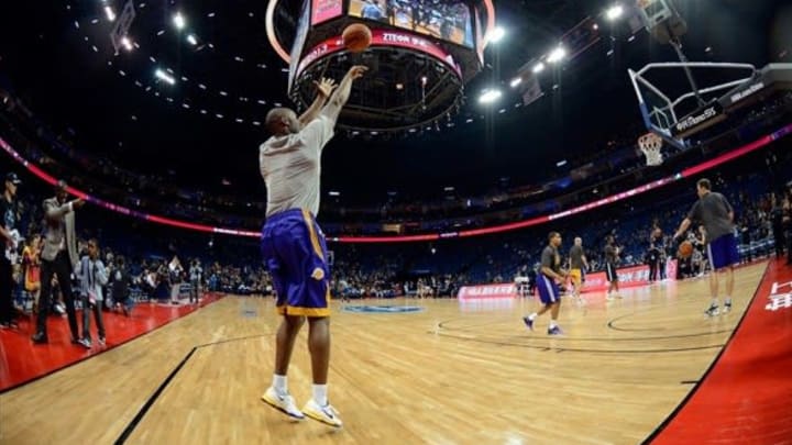 Oct 18, 2013; Shanghai, China; Los Angeles Lakers guard Kobe Bryant (24) in pre-game warm up against the Golden State Warriors at Mercedes-Benz Arena. Mandatory Credit: Danny La-USA TODAY Sports