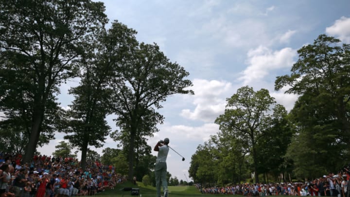 DUBLIN, OHIO - JUNE 01: Tiger Woods hits his tee shot on the 15th hole during the third round of The Memorial Tournament Presented by Nationwide at Muirfield Village Golf Club on June 01, 2019 in Dublin, Ohio. (Photo by Matt Sullivan/Getty Images)