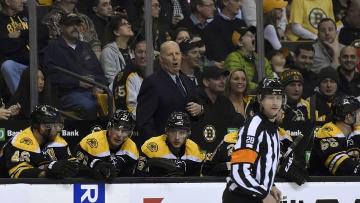 Apr 7, 2016; Boston, MA, USA; Boston Bruins head coach Claude Julien shouts at the referee during the second period against the Detroit Red Wings at TD Garden. Mandatory Credit: Bob DeChiara-USA TODAY Sports