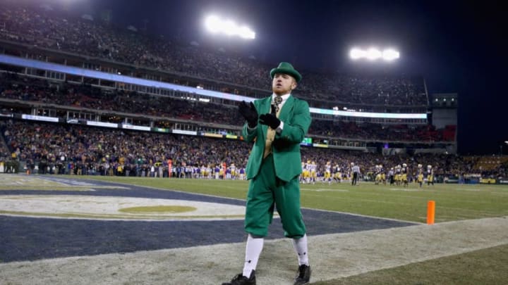 NASHVILLE, TN - DECEMBER 30: The Notre Dame Fighting Irish mascot performs during the Franklin American Mortgage Music City Bowl against the LSU Tigers at LP Field on December 30, 2014 in Nashville, Tennessee. (Photo by Andy Lyons/Getty Images)