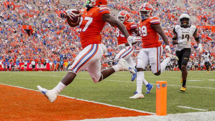 GAINESVILLE, FLORIDA - SEPTEMBER 28: Dameon Pierce #27 of the Florida Gators scores a touchdown during the third quarter against the Towson Tigers at Ben Hill Griffin Stadium on September 28, 2019 in Gainesville, Florida. (Photo by James Gilbert/Getty Images)