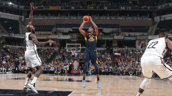 INDIANAPOLIS, IN - OCTOBER 18: Myles Turner #33 of the Indiana Pacers shoots the ball during the season game against the Brooklyn Nets on October 18, 2017 at Bankers Life Fieldhouse in Indianapolis, Indiana. NOTE TO USER: User expressly acknowledges and agrees that, by downloading and or using this Photograph, user is consenting to the terms and conditions of the Getty Images License Agreement. Mandatory Copyright Notice: Copyright 2017 NBAE (Photo by Ron Hoskins/NBAE via Getty Images)