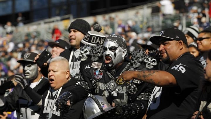 Nov 15, 2015; Oakland, CA, USA; Oakland Raiders fans cheer before the start of the game against the Minnesota Vikings at O.co Coliseum. Mandatory Credit: Cary Edmondson-USA TODAY Sports