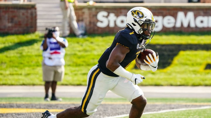 Oct 10, 2020; Columbia, Missouri, USA; Missouri Tigers running back Tyler Badie (1) returns a kickoff against the LSU Tigers during the first half at Faurot Field at Memorial Stadium. Mandatory Credit: Jay Biggerstaff-USA TODAY Sports