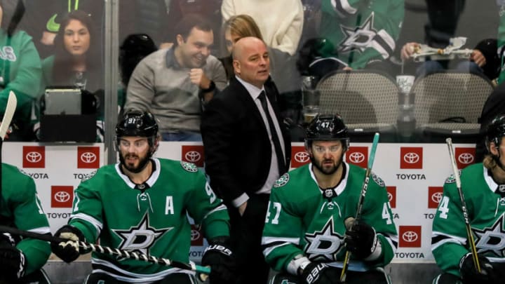 DALLAS, TX - JANUARY 15: Dallas Stars head coach Jim Montgomery looks on from the bench during the game between the Tampa Bay Lightning and the Dallas Stars on January 15, 2019 at the American Airlines Center in Dallas, Texas. (Photo by Steve Nurenberg/Icon Sportswire via Getty Images)