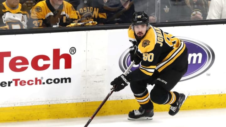 BOSTON, MA - JUNE 12: Boston Bruins left wing Marcus Johansson (90) looks to pass during Game 7 of the Stanley Cup Final between the Boston Bruins and the St. Louis Blues on June 12, 2019, at TD Garden in Boston, Massachusetts. (Photo by Fred Kfoury III/Icon Sportswire via Getty Images)