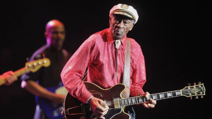 MOSCOW, RUSSIA - APRIL 14: Chuck Berry performs on stage in Crocus City Hall on April 14, 2014 in Moscow, Russia. (Photo by Dmitri Lekai/Kommersant via Getty Images)