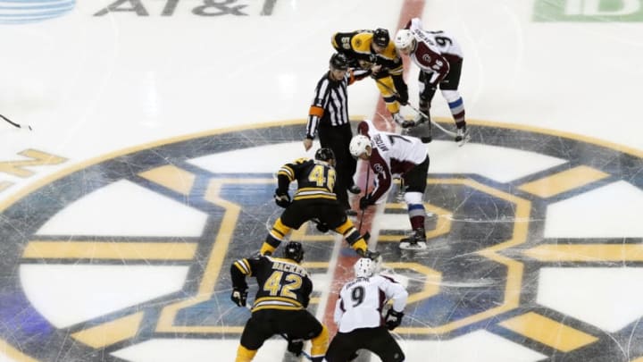 BOSTON, MA - DECEMBER 08: Boston Bruins center David Krejci (46) and Colorado Avalanche center John Mitchell (7) face off during a regular season NHL game between the Boston Bruins and the Colorado Avalanche on December 8, 2016, at TD Garden in Boston, Massachusetts. The Avalanche defeated the Bruins 4-2. (Photo by Fred Kfoury III/Icon Sportswire via Getty Images)