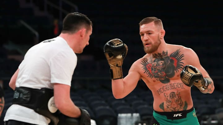 NEW YORK, NY - NOVEMBER 09: UFC Featherweight Champion Conor McGregor takes part in UFC 205 Open Workouts at Madison Square Garden on November 9, 2016 in New York City. (Photo by Michael Reaves/Getty Images)