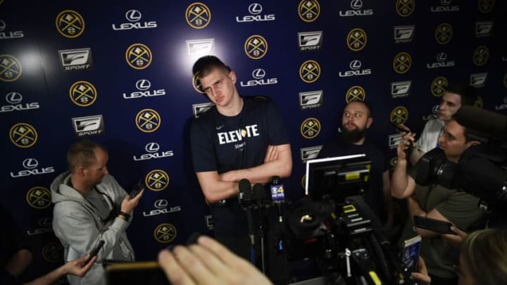 DENVER, CO - MAY 13: Nikola Jokic (15) of the Denver Nuggets meets with the media on Monday, May 13, 2019. (Photo by AAron Ontiveroz/MediaNews Group/The Denver Post via Getty Images)