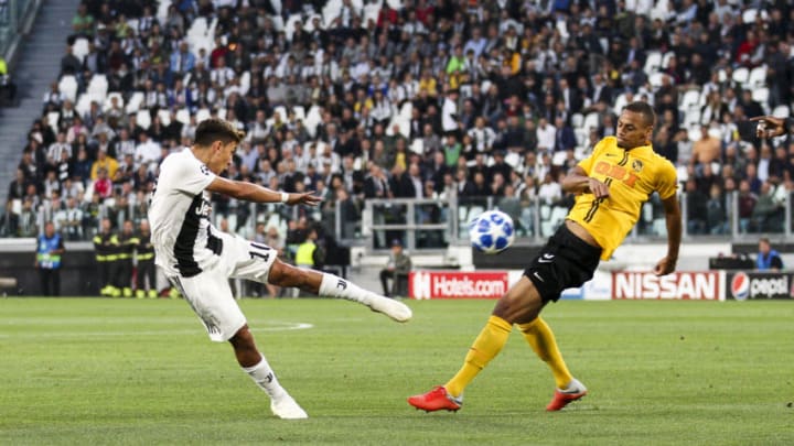 Juventus forward Paulo Dybala (10) shoots the ball during the Uefa Champions League Group Stage football match n.2 JUVENTUS - YOUNG BOYS on 02/10/2018 at the Allianz Stadium in Turin, Italy. (Photo by Matteo Bottanelli/NurPhoto via Getty Images)