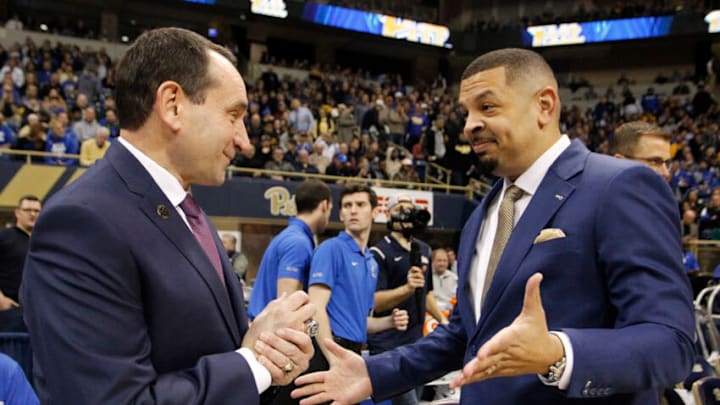 Jan 22, 2019; Pittsburgh, PA, USA; Duke Blue Devils head coach Mike Krzyzewski (left) is greeted by Pittsburgh Panthers head coach Jeff Capel (right) prior to a game at the Petersen Events Center. Mandatory Credit: Charles LeClaire-USA TODAY Sports Jan 22, 2019; Pittsburgh, PA, USA; Duke Blue Devils head coach Mike Krzyzewski (left) is greeted by Pittsburgh Panthers head coach Jeff Capel (right) prior to a game at the Petersen Events Center. Mandatory Credit: Charles LeClaire-USA TODAY Sports