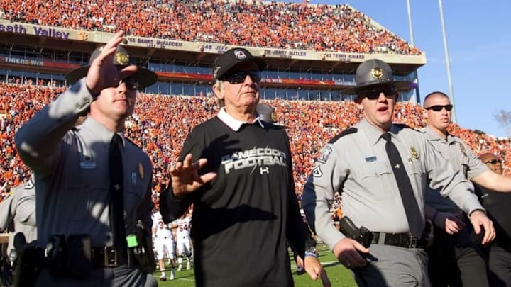 Nov 29, 2014; Clemson, SC, USA; South Carolina Gamecocks head coach Steve Spurrier after the game against the Clemson Tigers at Clemson Memorial Stadium. Tigers won 28-17. Mandatory Credit: Joshua S. Kelly-USA TODAY Sports