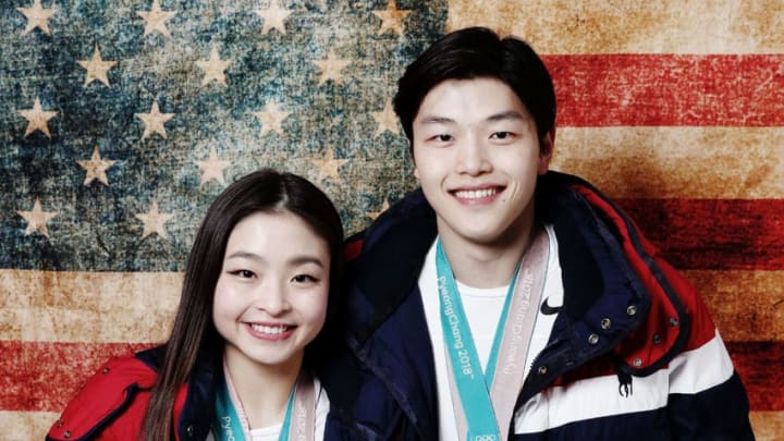 GANGNEUNG, SOUTH KOREA – FEBRUARY 20: (BROADCAST-OUT) United States Figure skaters and siblings Maia Shibutani and older brother Alex Shibutani pose for a portrait with their bronze medals, one for the team event and one for the Ice Dance event on the Today Show Set on February 20, 2018 in Gangneung, South Korea. (Photo by Marianna Massey/Getty Images)