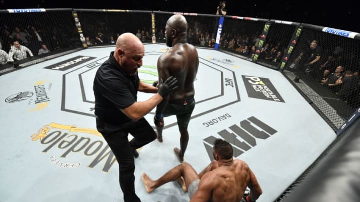 WASHINGTON, DC - DECEMBER 07: (L-R) Jairzinho Rozenstruik of Suriname celebrates his KO victory over Alistair Overeem of Netherlands in their heavyweight bout during the UFC Fight Night event at Capital One Arena on December 07, 2019 in Washington, DC. (Photo by Jeff Bottari/Zuffa LLC via Getty Images)