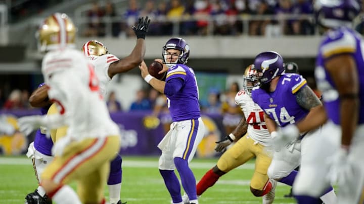 MINNEAPOLIS, MN - AUGUST 27: Taylor Heinicke #6 of the Minnesota Vikings passes the ball against the San Francisco 49ers in the preseason game on August 27, 2017 at U.S. Bank Stadium in Minneapolis, Minnesota. The Vikings defeated the 49ers 32-31. (Photo by Hannah Foslien/Getty Images)