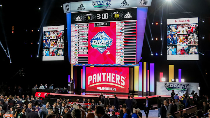 VANCOUVER, BC – JUNE 22: A general view of the draft board prior to the Florida Panthers pick during the sixth round of the 2019 NHL Draft at Rogers Arena on June 22, 2019 in Vancouver, British Columbia, Canada. (Photo by Jonathan Kozub/NHLI via Getty Images)