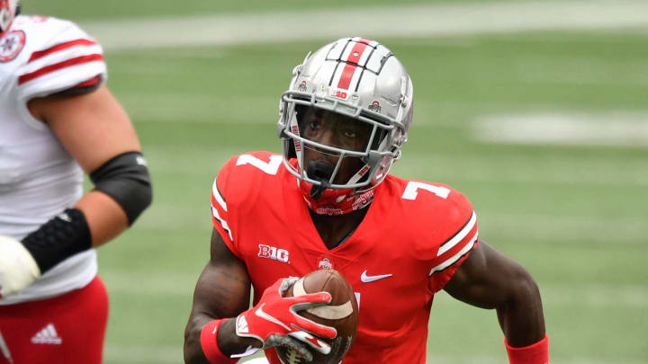 COLUMBUS, OH – OCTOBER 24: Sevyn Banks #7 of the Ohio State Buckeyes returns a recovered fumble for a touchdown against the Nebraska Cornhuskers at Ohio Stadium on October 24, 2020 in Columbus, Ohio. (Photo by Jamie Sabau/Getty Images)