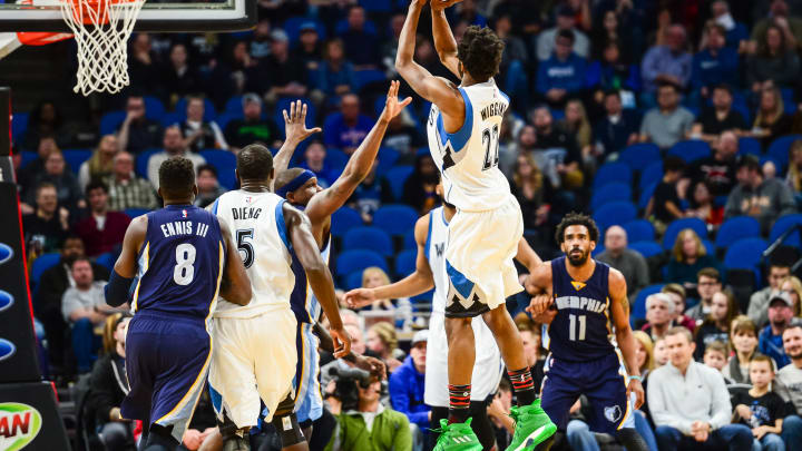 Feb 4, 2017; Minneapolis, MN, USA; Minnesota Timberwolves forward Andrew Wiggins (22) shoots the ball against the Memphis Grizzlies during the first quarter at Target Center. Mandatory Credit: Jeffrey Becker-USA TODAY Sports