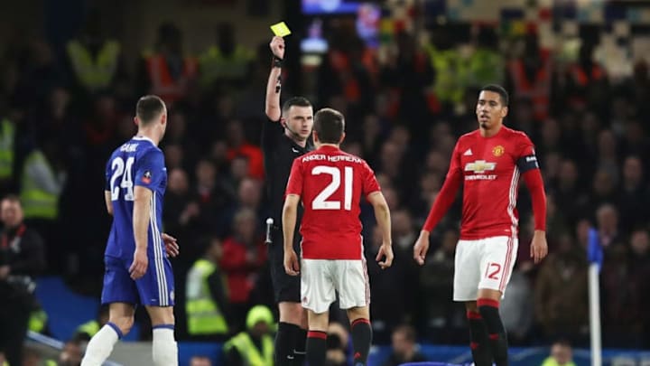 LONDON, ENGLAND - MARCH 13: Ander Herrera of Manchester United (21) reacts as he is shown a yellow card by referee Michael Oliver during The Emirates FA Cup Quarter-Final match between Chelsea and Manchester United at Stamford Bridge on March 13, 2017 in London, England. (Photo by Julian Finney/Getty Images)