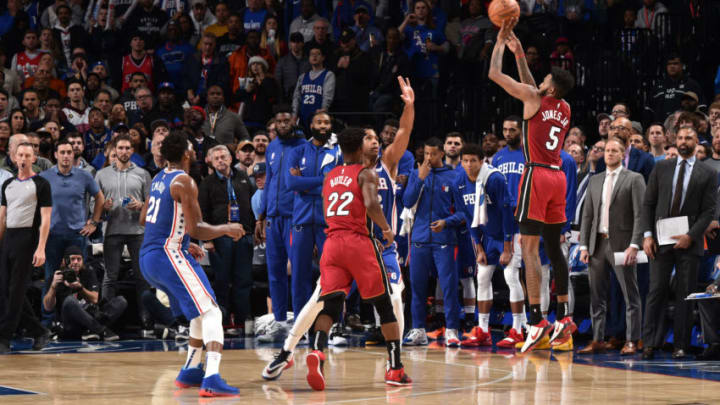 Derrick Jones Jr. #5 of the Miami Heat shoots the ball against the Philadelphia 76ers (Photo by David Dow/NBAE via Getty Images)