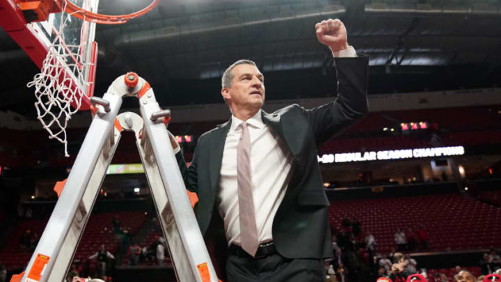 COLLEGE PARK, MD - MARCH 08: Head coach Mark Turgeon of the Maryland Terrapins celebrates winning a part of the Big Ten regular season title after a college basketball game against the Michigan Wolverines at the Xfinity Center on March 8, 2020 in College Park, Maryland. (Photo by Mitchell Layton/Getty Images)