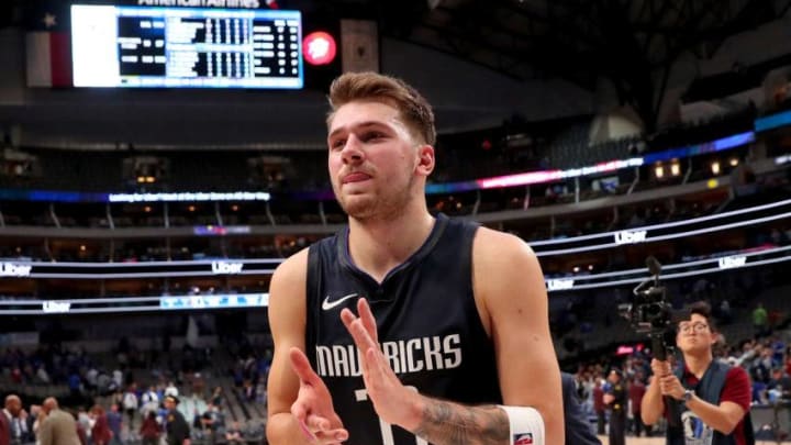 DALLAS, TEXAS - OCTOBER 23: Luka Doncic #77 of the Dallas Mavericks leaves the court after the Dallas Mavericks beat the Washington Wizards 108-100 at American Airlines Center on October 23, 2019 in Dallas, Texas. NOTE TO USER: User expressly acknowledges and agrees that, by downloading and or using this photograph, User is consenting to the terms and conditions of the Getty Images License Agreement. (Photo by Tom Pennington/Getty Images)